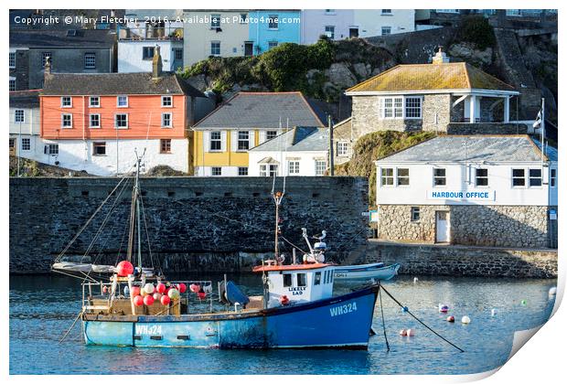 Fishing Boat, Mevagissey Harbour Print by Mary Fletcher