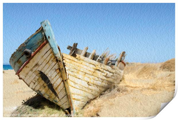 wrecked boat ashore in Crete Print by Mary Fletcher