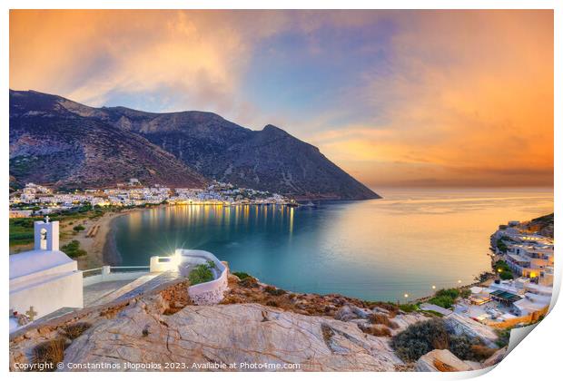 The beach and port Kamares of Sifnos from Agia Marina church at  Print by Constantinos Iliopoulos