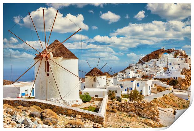 The windmills at the village Pano Chora of Serifos island, Greec Print by Constantinos Iliopoulos