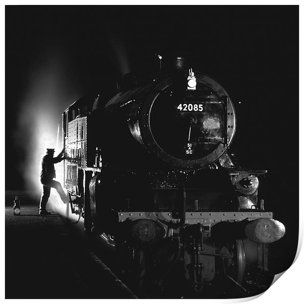 Steam loco fireman climbing aboard Print by Ian Duffield