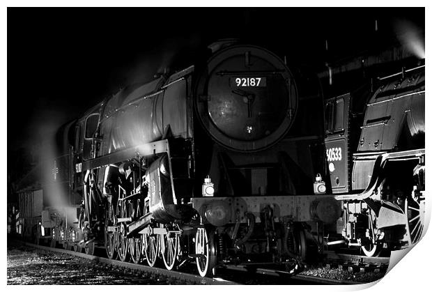 Steam loco waiting at night. Print by Ian Duffield