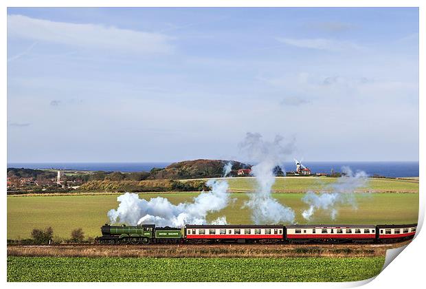 Steam train passing Weybourne.  Print by Ian Duffield