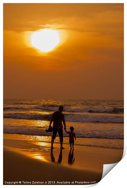 Father and son walking at the beach on Fathers Day Print by Telmo Zaldivar Jr