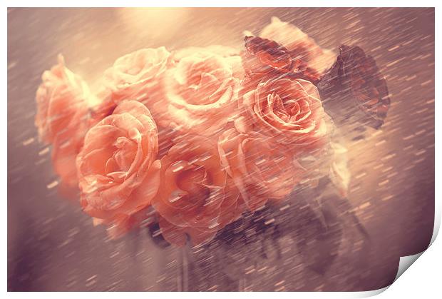  Rain Red Roses Pastel  Print by Jenny Rainbow