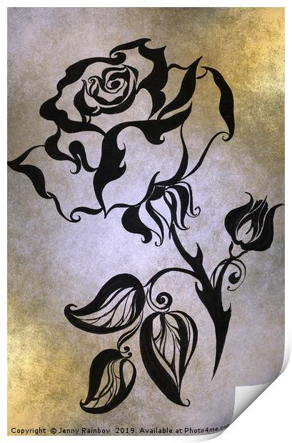 Ink Drawing Chinese Rose Golden Print by Jenny Rainbow