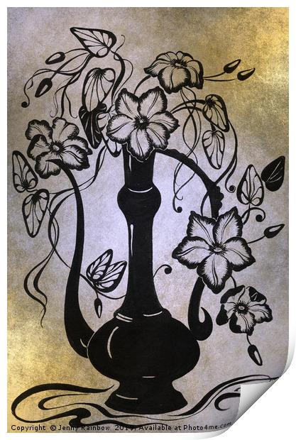 Ink Drawing Clematises in Indian Pitcher Golden Print by Jenny Rainbow