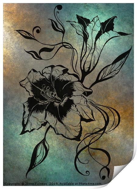Ink Drawing Lily Elegance Blue Print by Jenny Rainbow