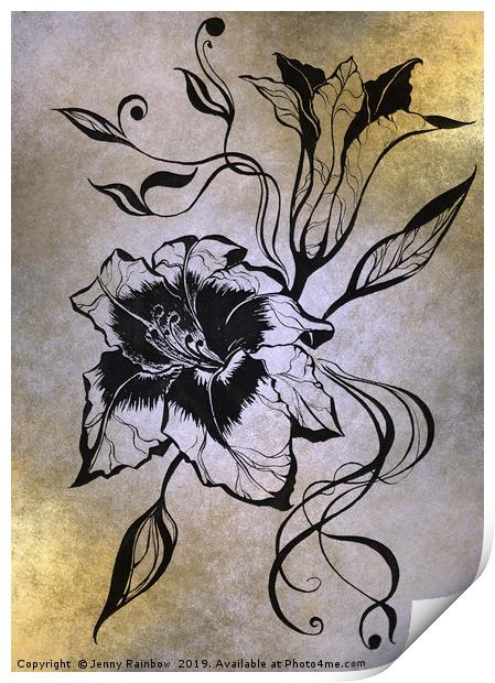 Ink Drawing Lily Elegance Golden Print by Jenny Rainbow