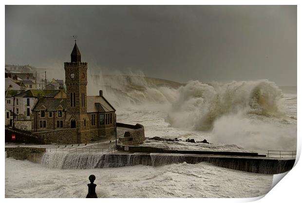 Porthleven battered by huge waves Print by Steve Cowe