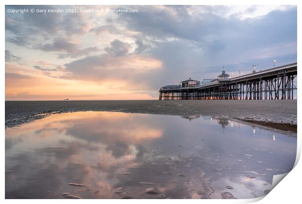 Reflecting sunset at Blackpool's North Pier Print by Gary Kenyon