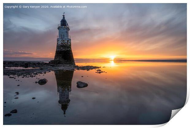 Plover Scar Lighthouse at Sunset Print by Gary Kenyon