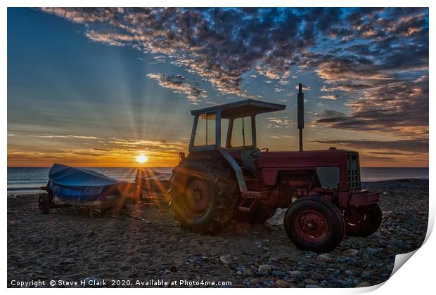 Tractor on the Beach at Sunrise Print by Steve H Clark