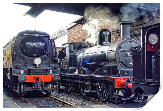 Steam locomotives 34092 and 52322 at Bury. Print by David Birchall