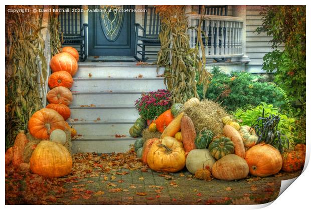 Pumpkins on the porch in Maine, New England. Print by David Birchall