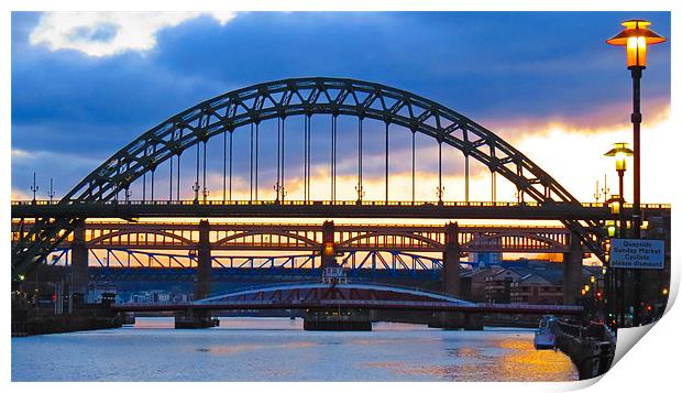 Newcastle Quayside, Sunset, Tyne Bridge Print by Helen Holmes