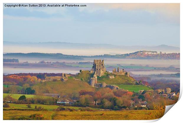 Corfe Castle Misty morning Print by Alan Sutton