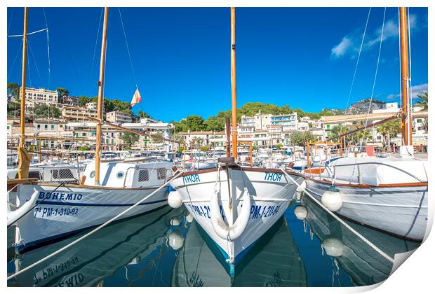 Small boats in the port of soller Print by Perry Johnson