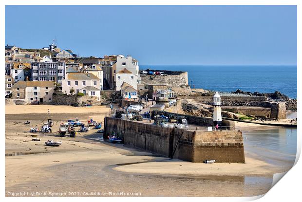 St Ives Beach and Harbour Lighthouse on Smeaton's  Print by Rosie Spooner