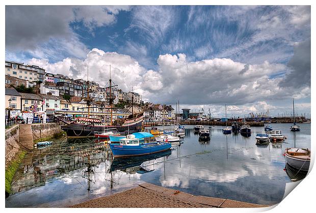 Clouds and reflections over Brixham Harbour Print by Rosie Spooner