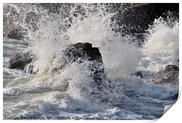 Rough Sea breaking over rocks Print by Rosie Spooner