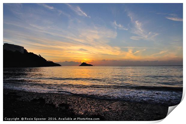 Sunset at Thatcher Rock on Meadfoot Beach Torquay Print by Rosie Spooner