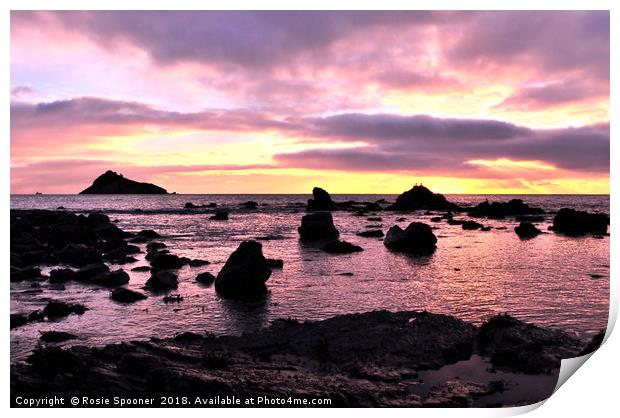 Low tide sunrise at Meadfoot Beach in Torquay Print by Rosie Spooner