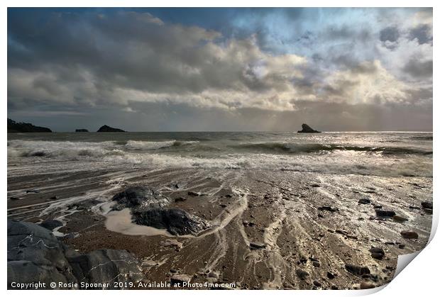 Meadfoot Beach view of Shag Rock and Thatcher Rock Print by Rosie Spooner