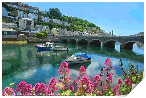 Colourful view of The Looe River and Bridge Print by Rosie Spooner