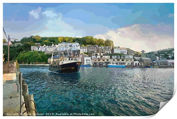 A fishing boat returns to Looe in Cornwall Print by Rosie Spooner