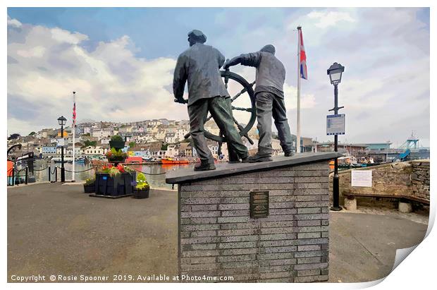 The Man and Boy statue at Brixham Harbour  Print by Rosie Spooner