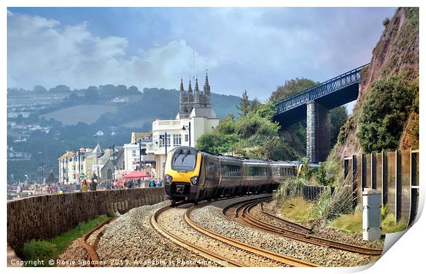 Train approaching Teignmouth after leaving Dawlish Print by Rosie Spooner