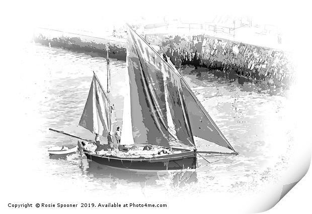 Looe Lugger in Black and White  Print by Rosie Spooner