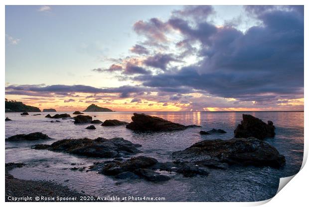 Rocky Sunrise at Meadfoot Beach Print by Rosie Spooner