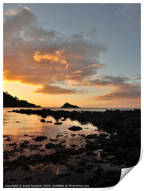 A portrait view of Thatcher Rock at sunrise Print by Rosie Spooner