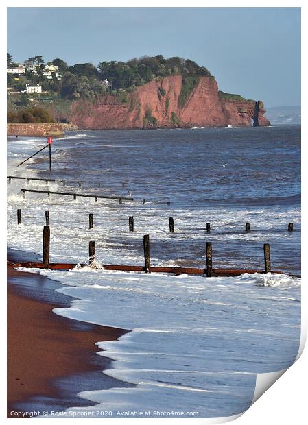 Groynes and waves on Teignmouth Beach in South Devon Print by Rosie Spooner