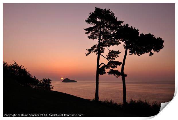 Silhouetted trees at Sunrise at Meadfoot Beach in  Print by Rosie Spooner