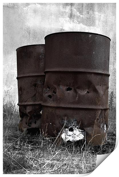 Rusty oil drums in the dark Print by Gemma Shipley