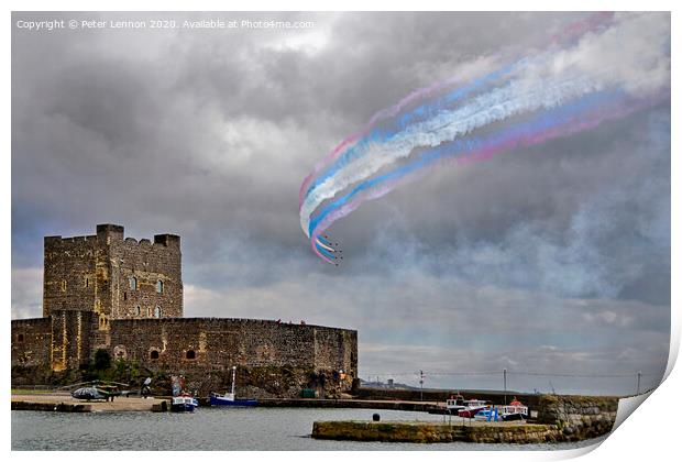 RAF Red Arrows flypast at Carrickfergus Castle Print by Peter Lennon