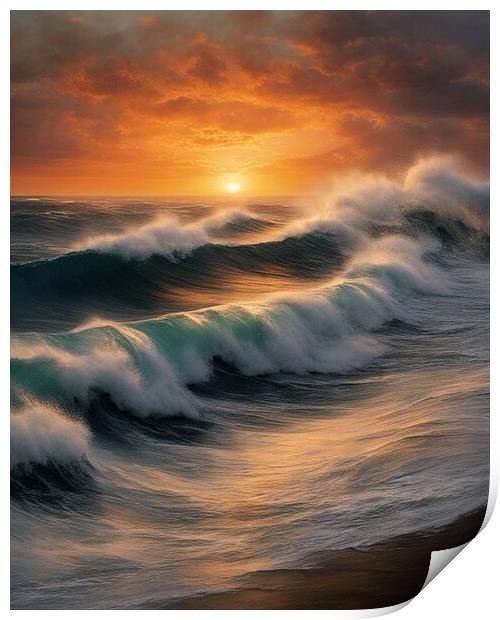 Sunset Over Waves Print by Anne Macdonald