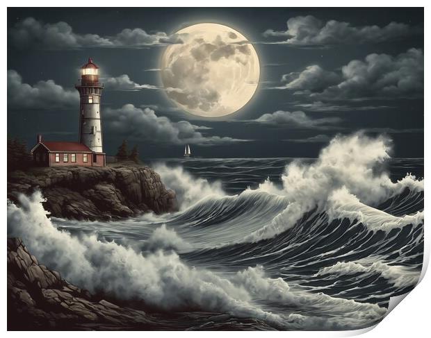 Huge Waves Around The Lighthouse Print by Anne Macdonald