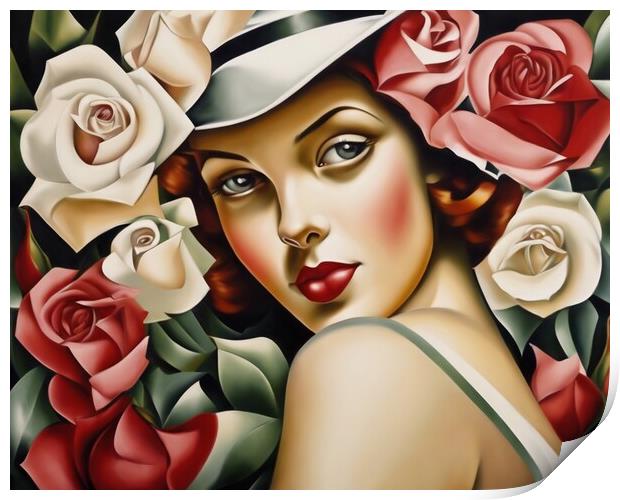 Lady With Red Cheeks and Roses Print by Anne Macdonald