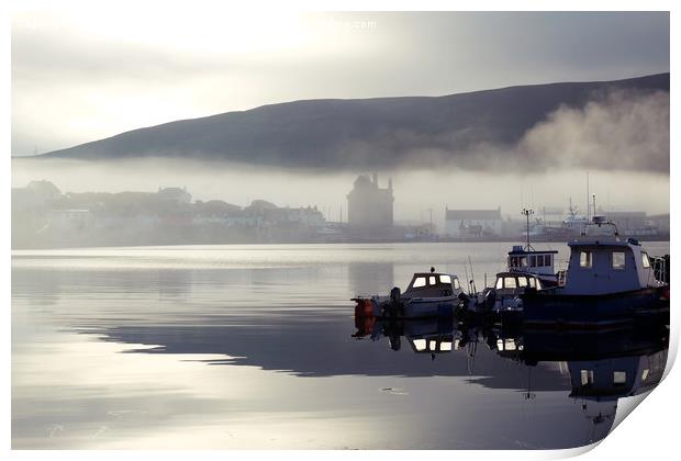 Early Morning Mist Over Scalloway, Shetland. Print by Anne Macdonald
