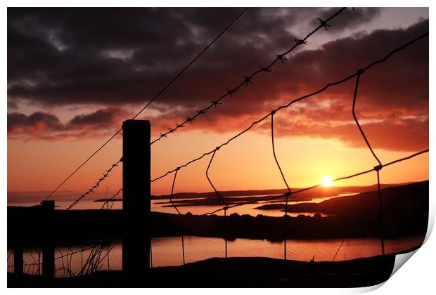 Fence In The Sunset at Uradale, Shetland. Print by Anne Macdonald
