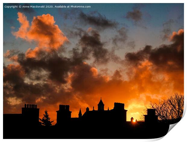 Fiery Sunset Over The Rooftops Of Lerwick, Shetlan Print by Anne Macdonald