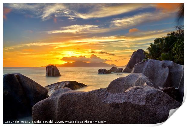 sunset on seychelles Print by Silvio Schoisswohl