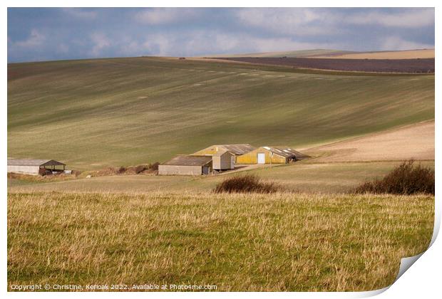 Farm Buildings and Rolling Fields, South Downs Print by Christine Kerioak