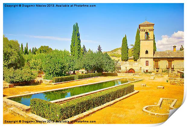 Gardens of La Alhambra in Granada Print by Dragomir Nikolov