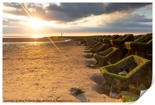 Sunset New Brighton Sea Defences Print by Andy McGarry