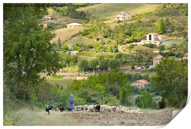 Shepherd above French village Print by Jean Gill